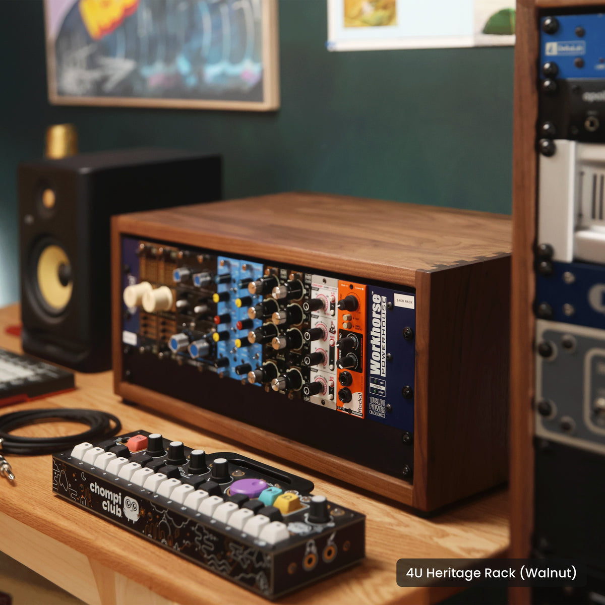 Handmade wood 4U Heritage Rack (Walnut), in a home studio