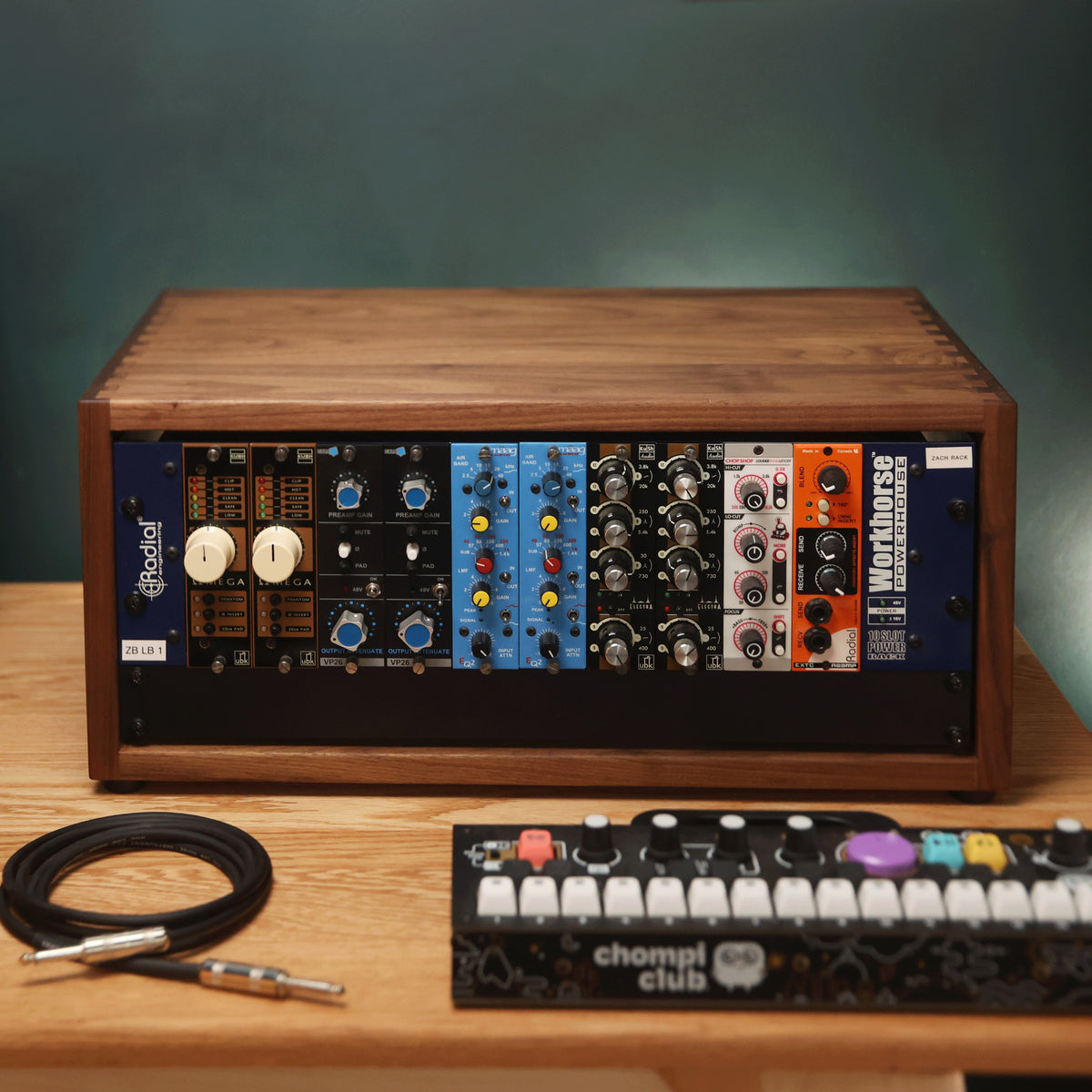 Handmade wood 4U Heritage Rack (Walnut), in a home studio