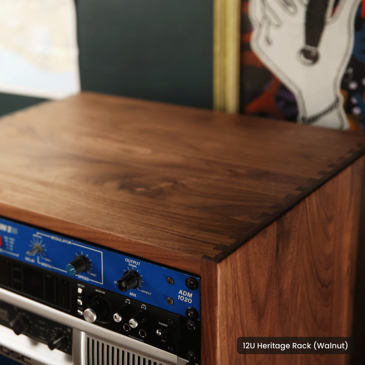 Handmade wood 12U Heritage Rack (Walnut), in a home studio