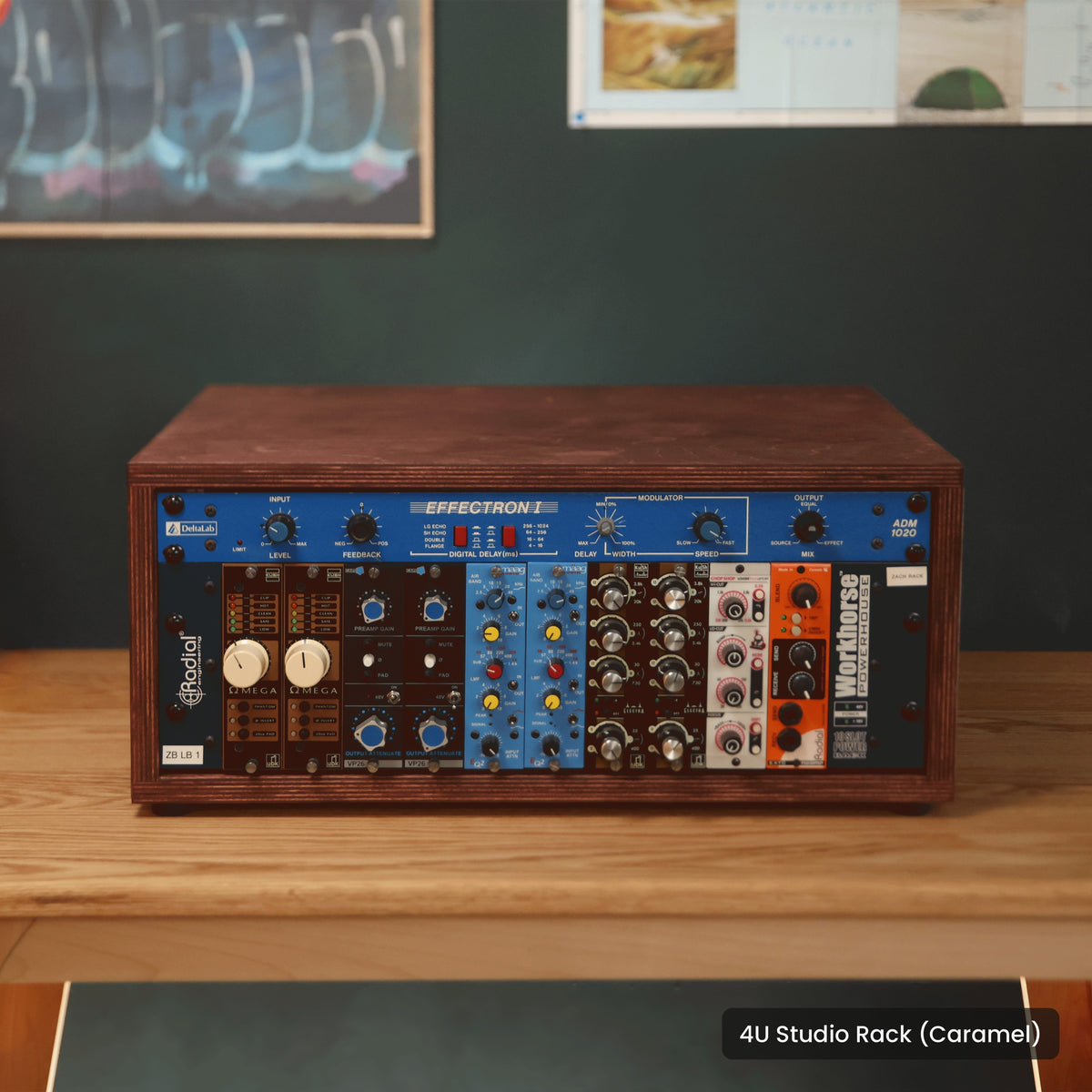 Handmade wood 4U Studio Rack (Caramel), in a home studio