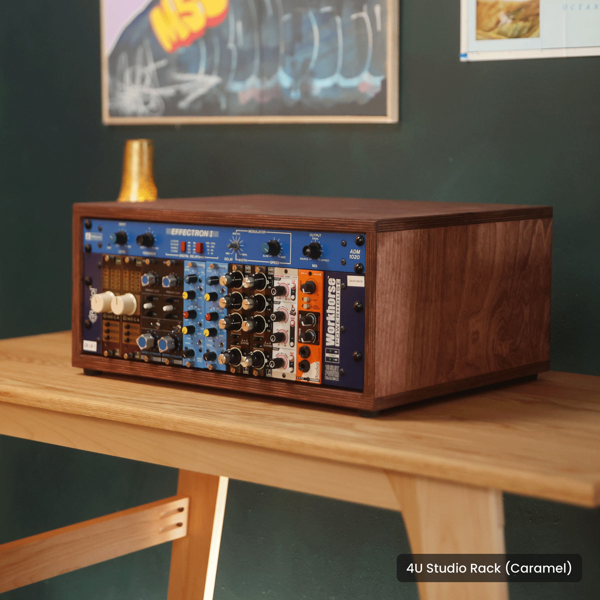 Handmade wood 4U Studio Rack (Caramel), in a home studio
