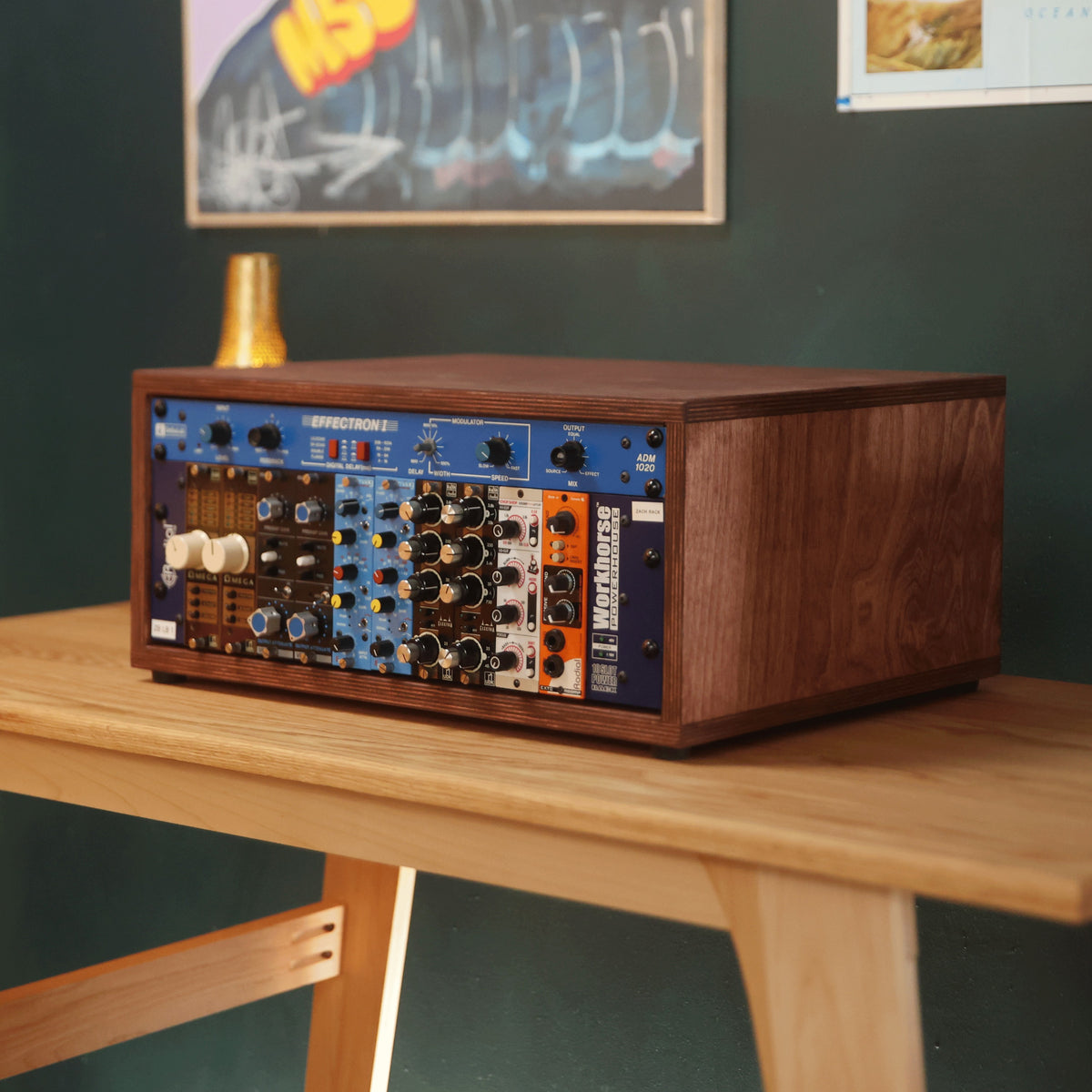 Handmade wood 4U Studio Rack (Caramel), in a home studio