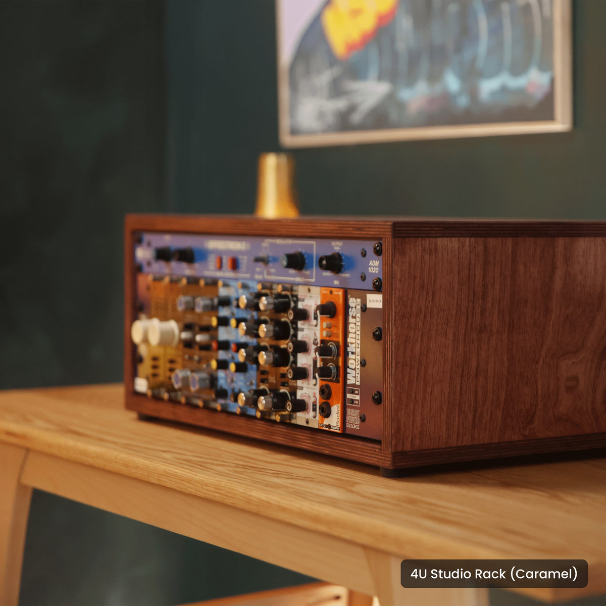 Handmade wood 4U Studio Rack (Caramel), in a home studio