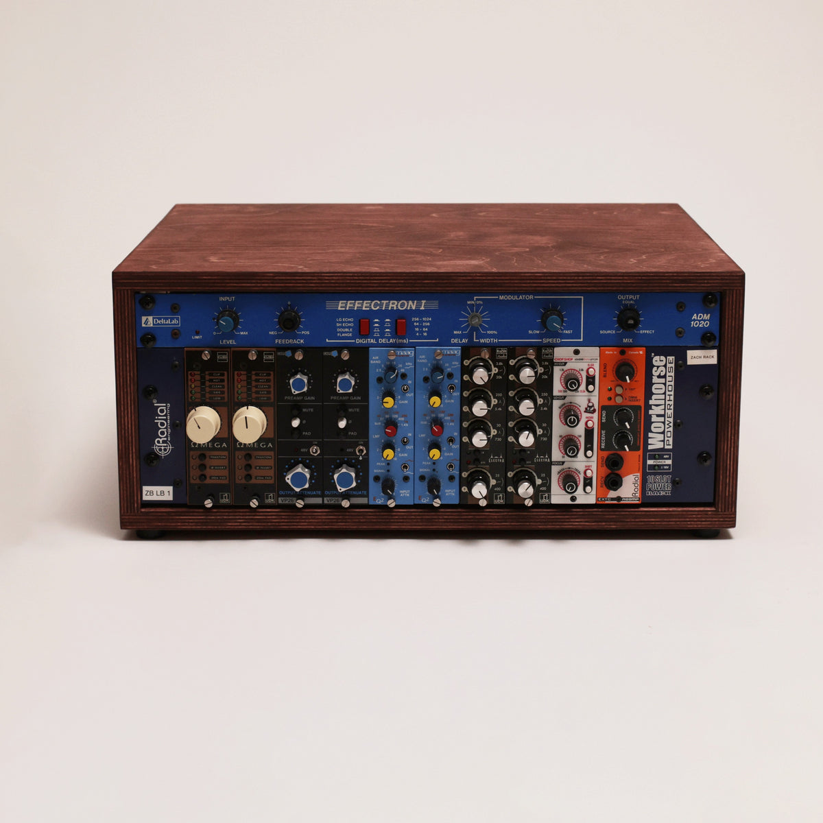 Handmade wood 4U Studio Rack (Caramel), on a white background