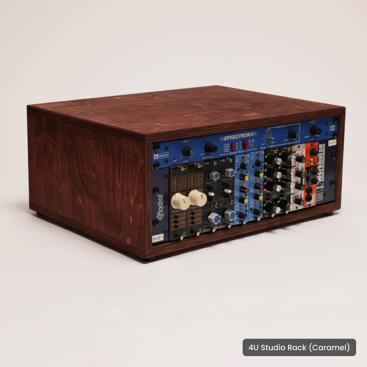 Handmade wood 4U Studio Rack (Caramel), on a white background
