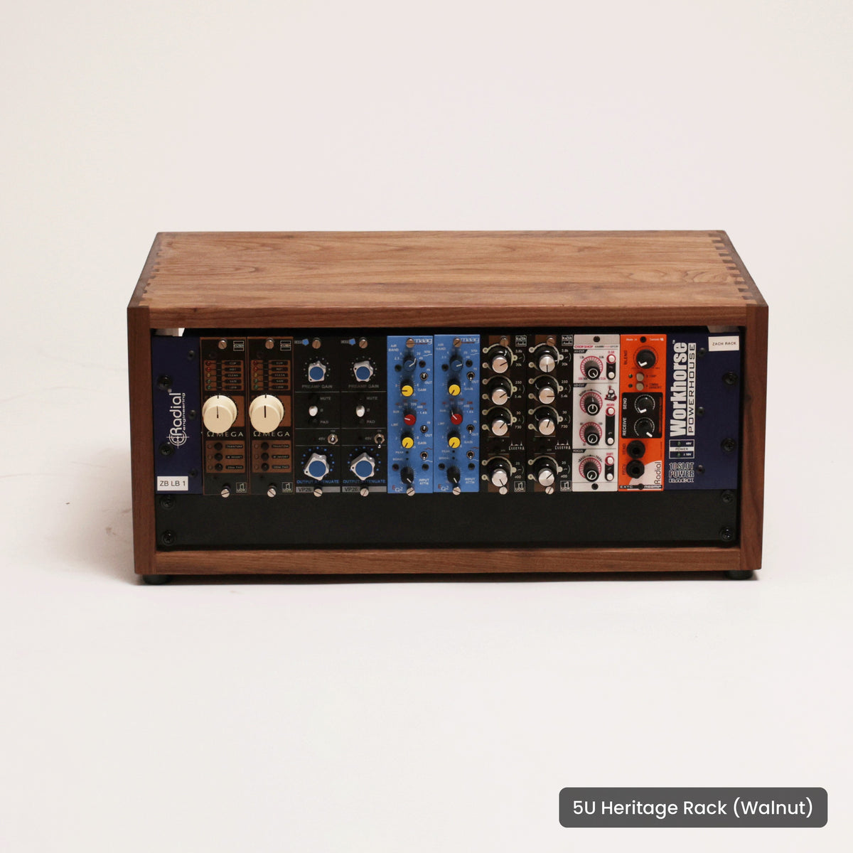 Handmade wood 5U Heritage Rack (Walnut), on a white background