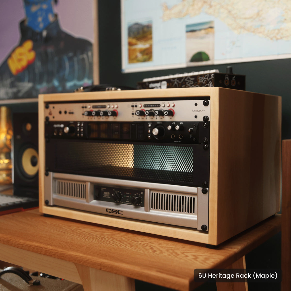 Handmade wood 6U Heritage Rack (Maple), in a home studio