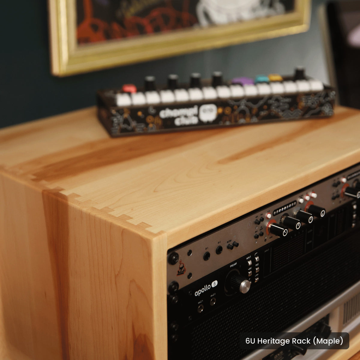 Handmade wood 6U Heritage Rack (Maple), in a home studio