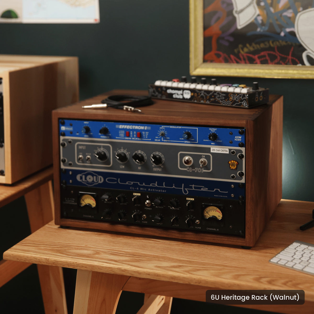 Handmade wood 6U Heritage Rack (Walnut), in a home studio