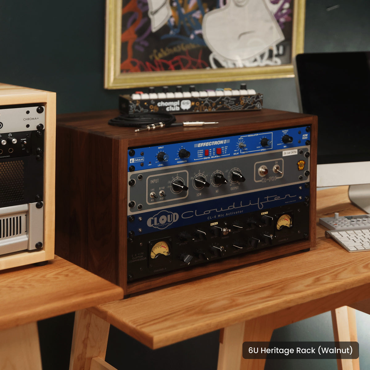 Handmade wood 6U Heritage Rack (Walnut), in a home studio