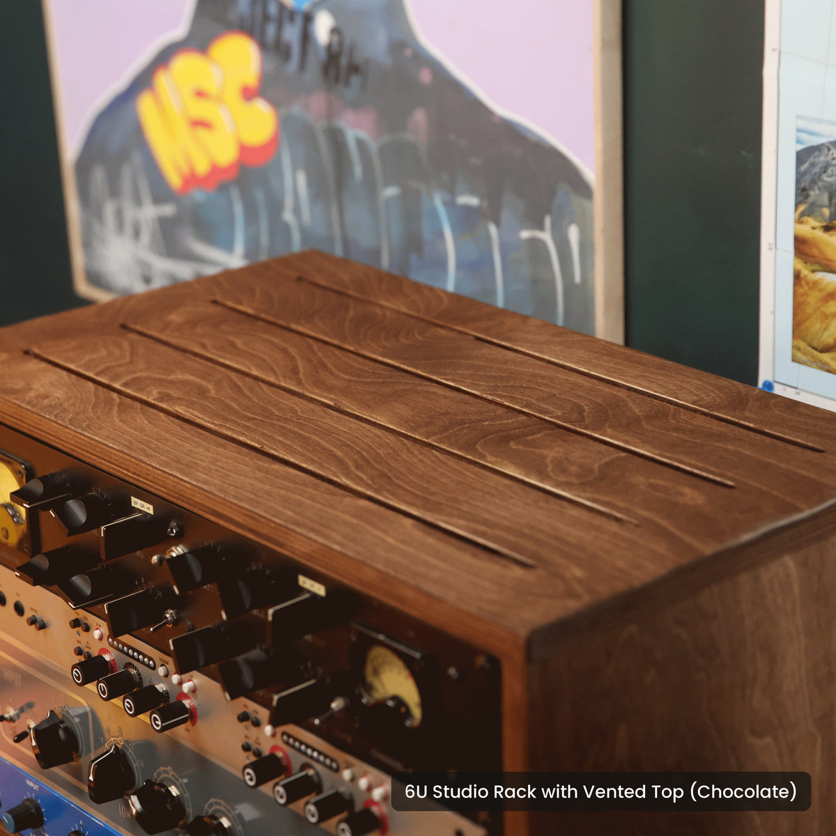 Handmade wood 6U Studio Rack with Vented Top (Chocolate), in a home studio