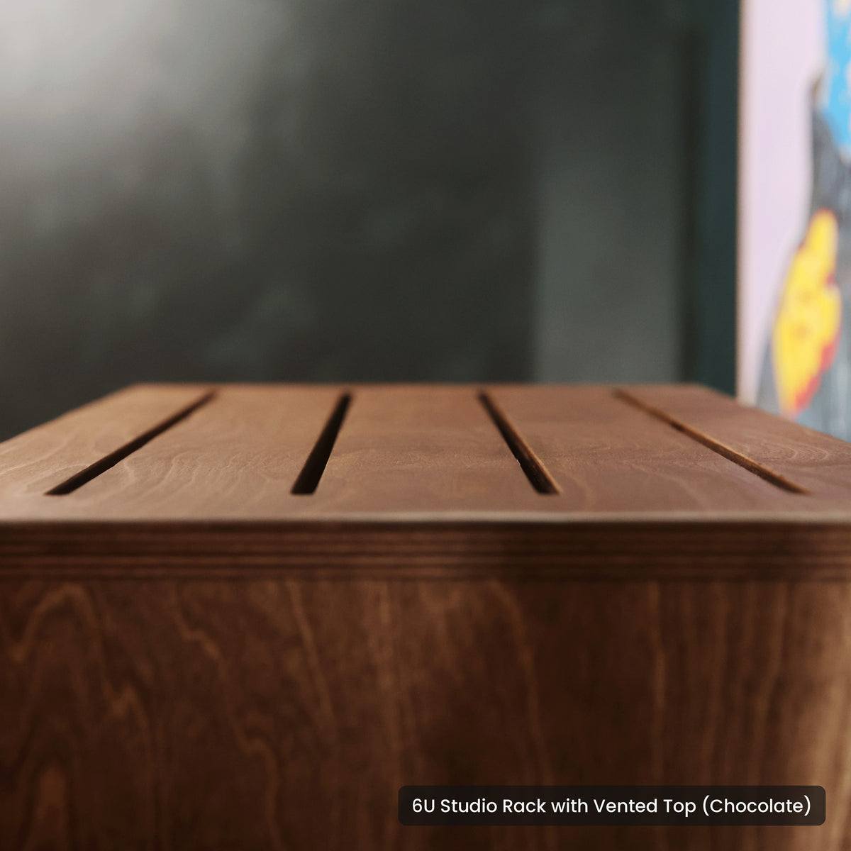 Handmade wood 6U Studio Rack with Vented Top (Chocolate), in a home studio