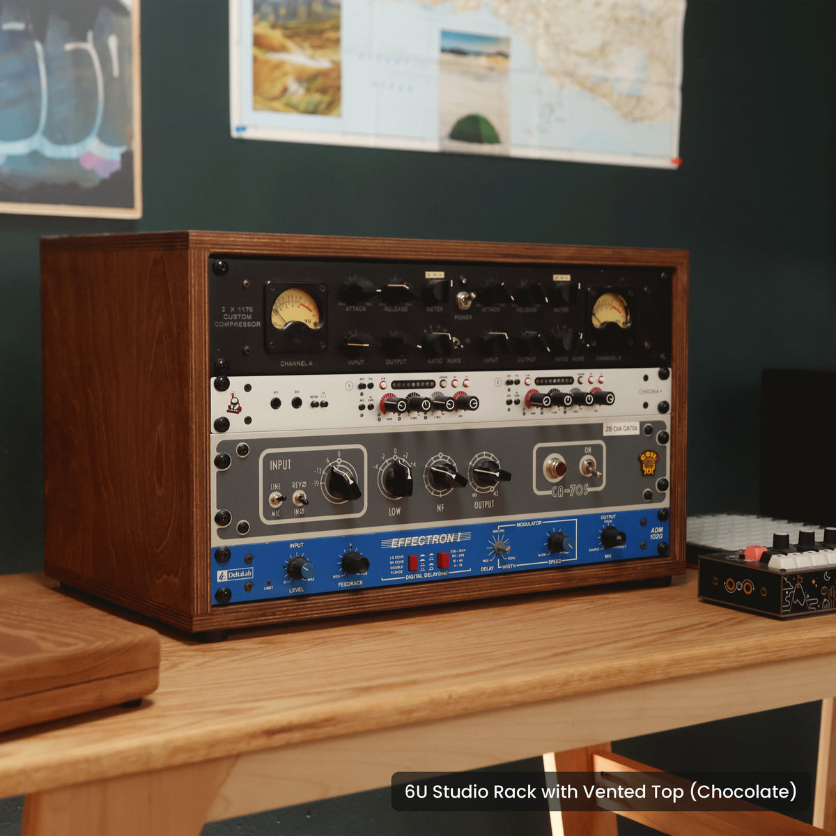 Handmade wood 6U Studio Rack with Vented Top (Chocolate), in a home studio