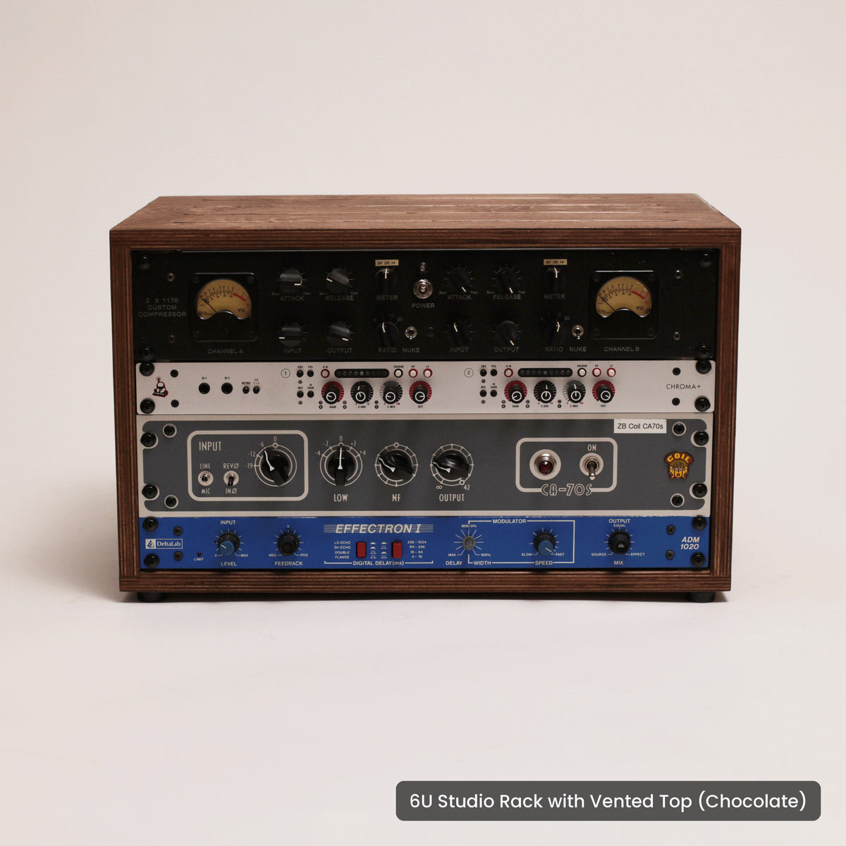 Handmade wood 6U Studio Rack with Vented Top (Chocolate), on a white background
