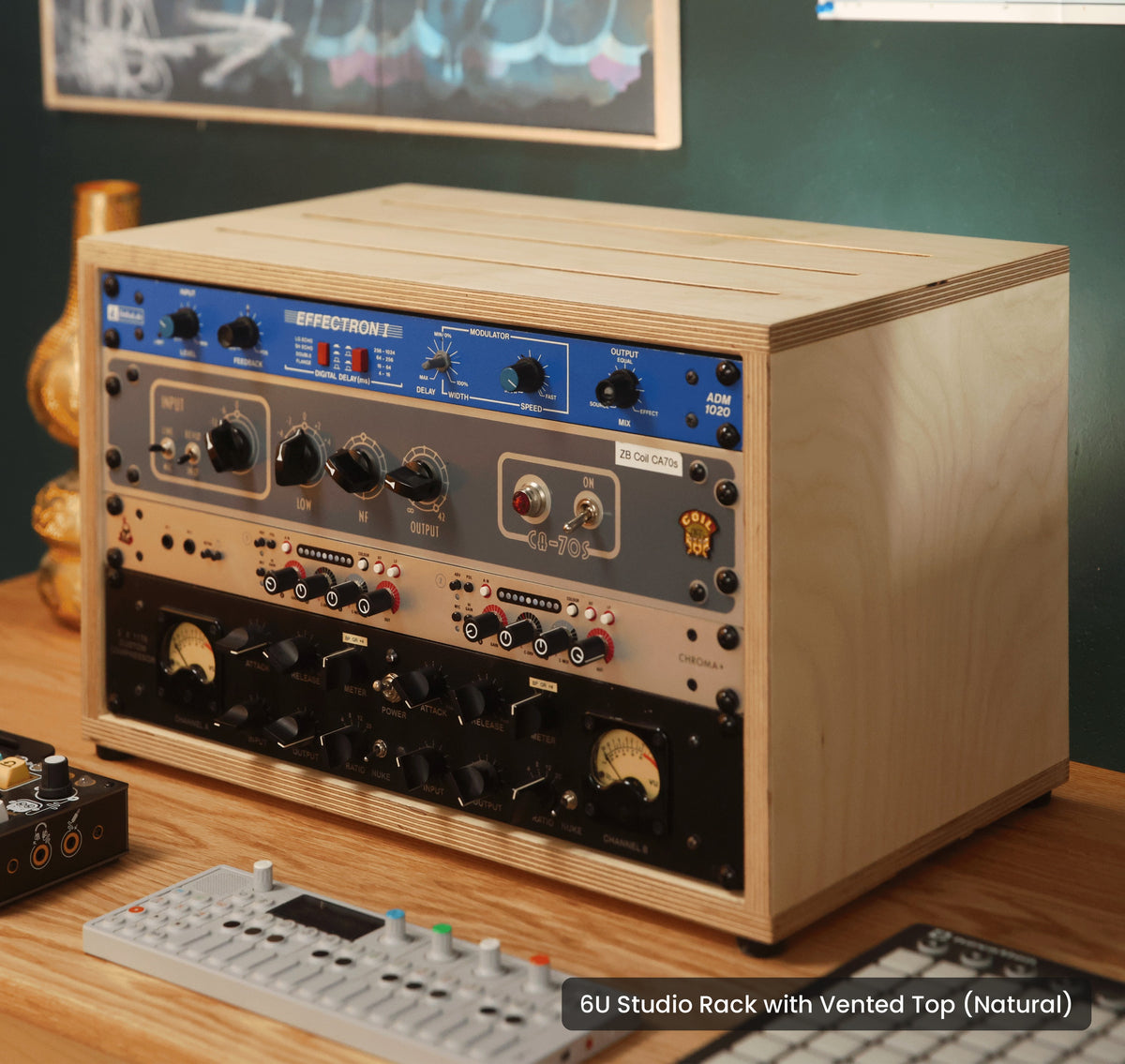Handmade wood 6U Studio Rack with Vented Top (Natural), in a home studio