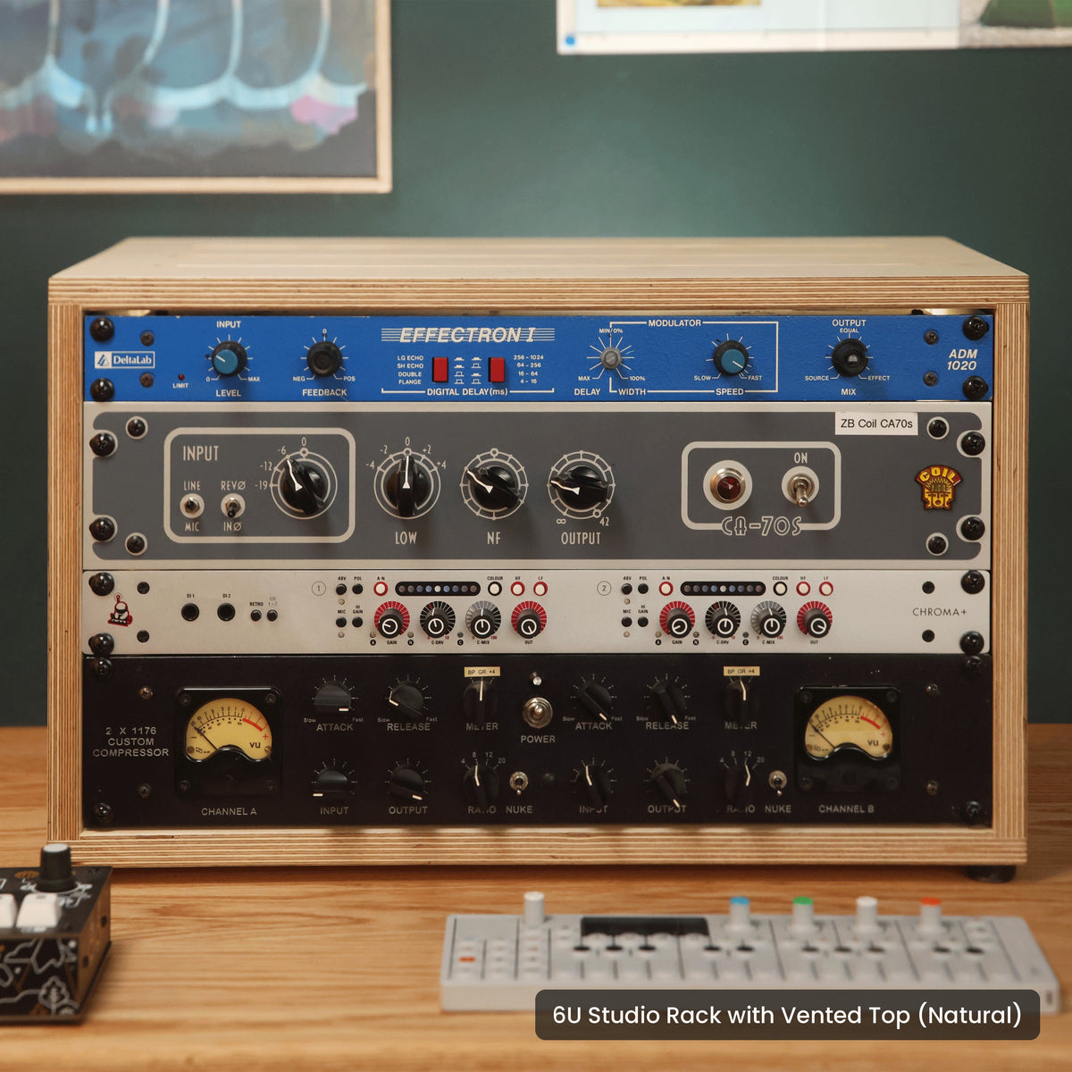 Handmade wood 6U Studio Rack with Vented Top (Natural), in a home studio