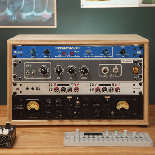 Handmade wood 6U Studio Rack with Vented Top (Natural), in a home studio