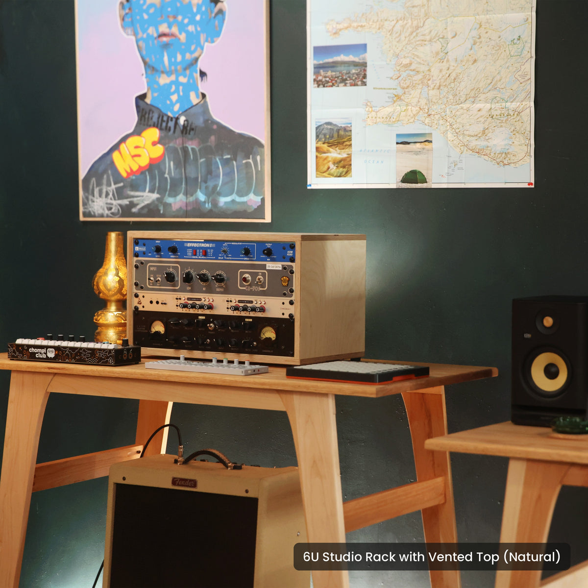 Handmade wood 6U Studio Rack with Vented Top (Natural), in a home studio