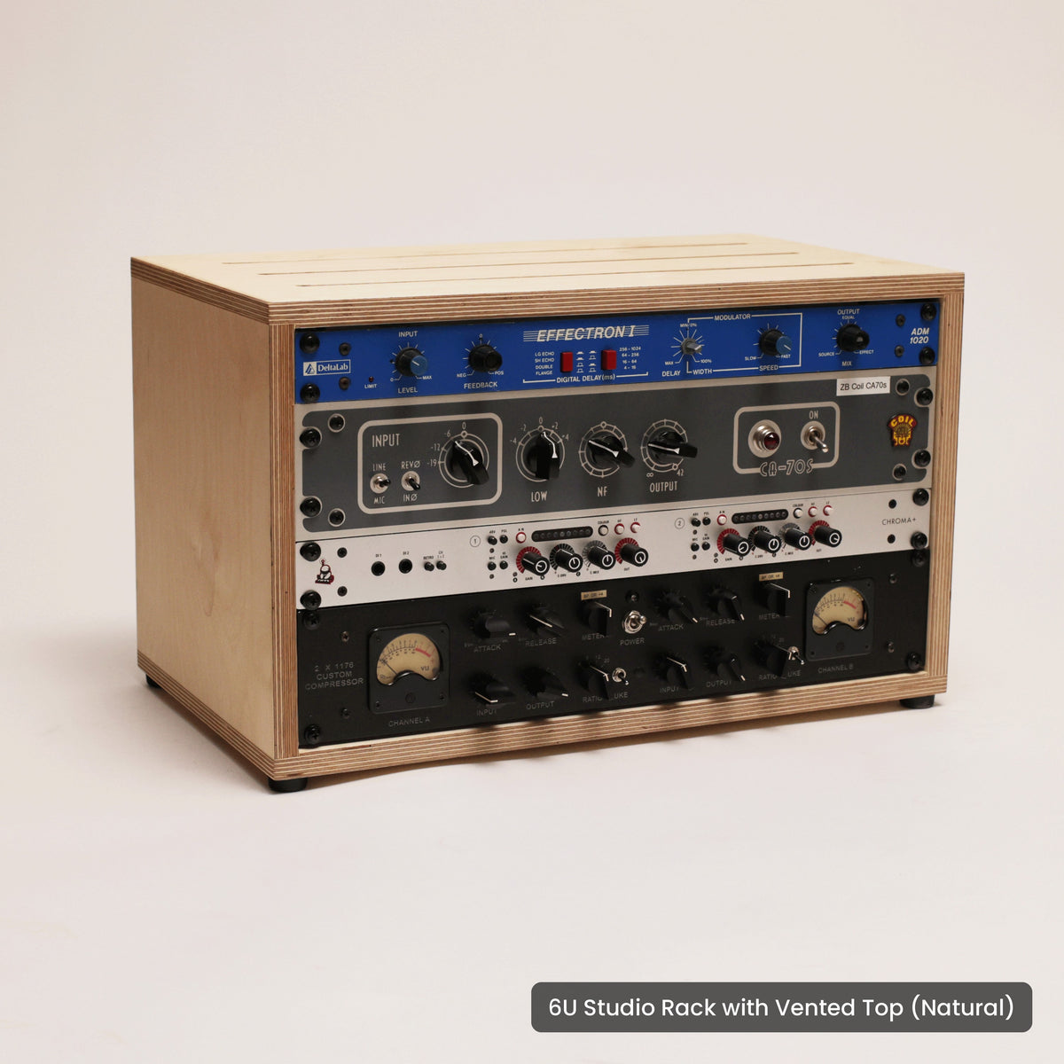 Handmade wood 6U Studio Rack with Vented Top (Natural), on a white background