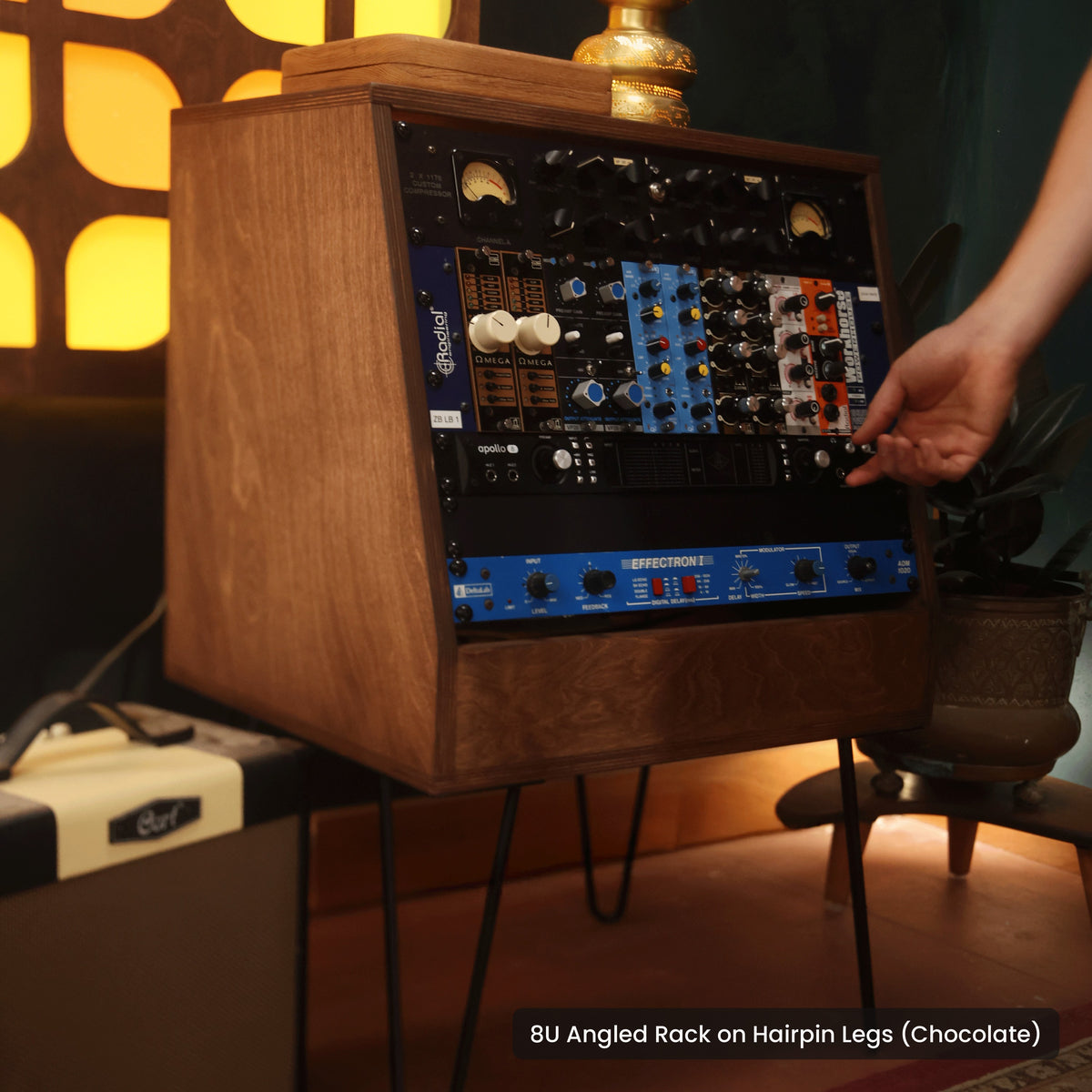 Handmade wood 8U Angled Rack on Hairpin Legs (Chocolate), in a home studio