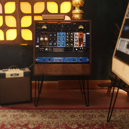 Handmade wood 8U Angled Rack on Hairpin Legs (Chocolate), in a home studio