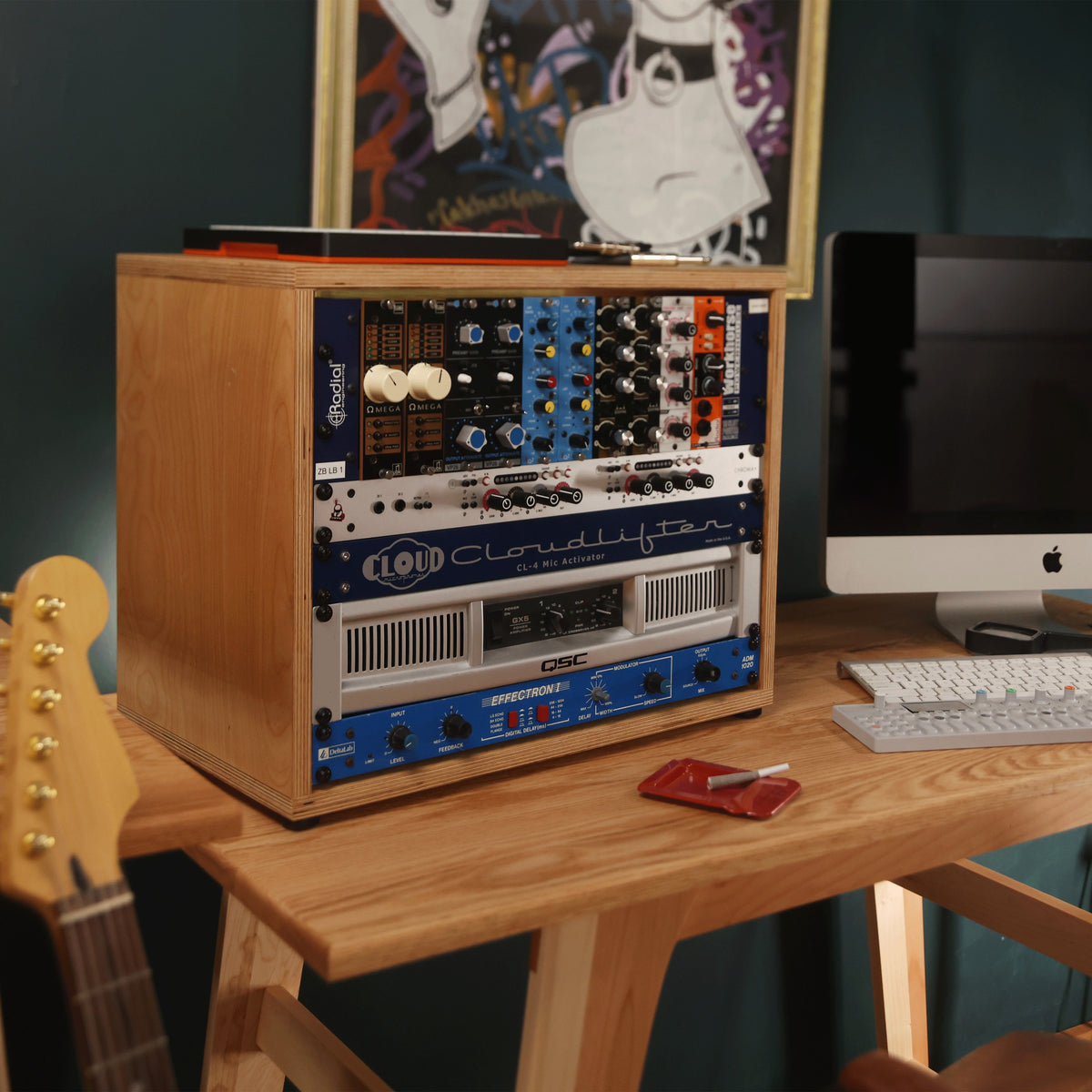 Handmade wood 8U Studio Rack (Natural), in a home studio