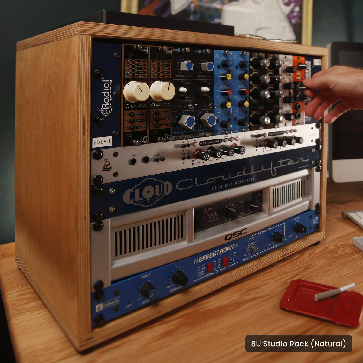Handmade wood 8U Studio Rack (Natural), in a home studio