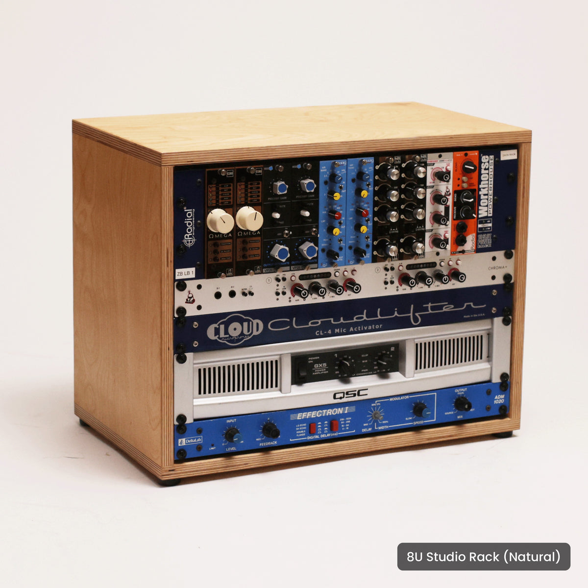 Handmade wood 8U Studio Rack (Natural), on a white background
