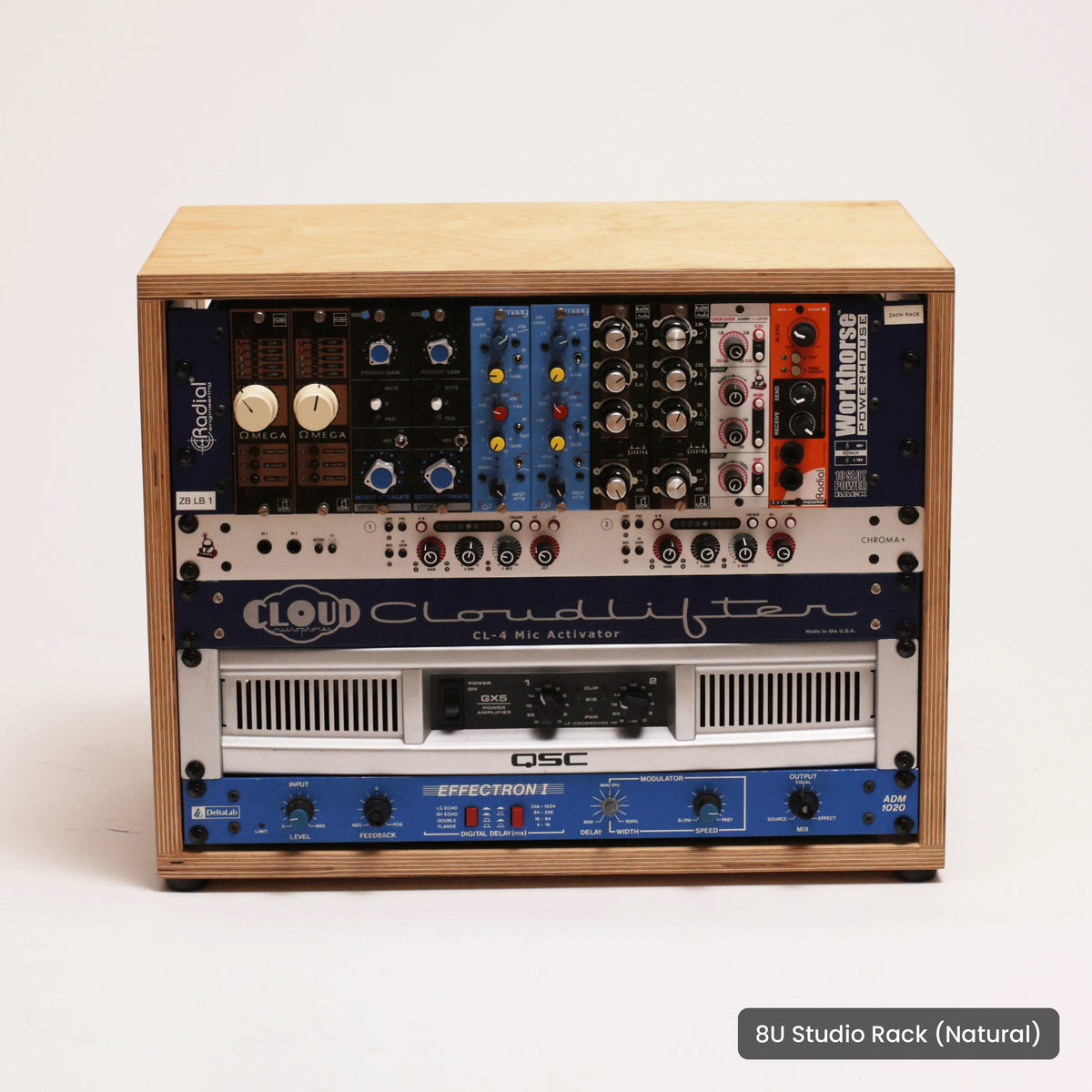Handmade wood 8U Studio Rack (Natural), on a white background