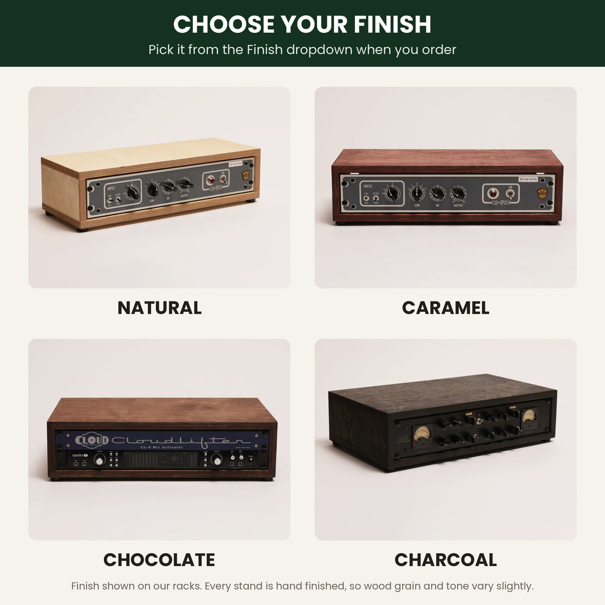 Monitor stand finish options: Natural, Caramel, Chocolate and Charcoal