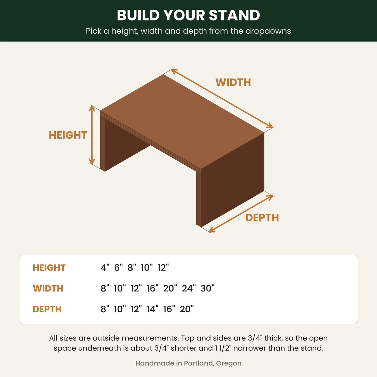 Custom wood monitor stand size guide: choose height, width and depth