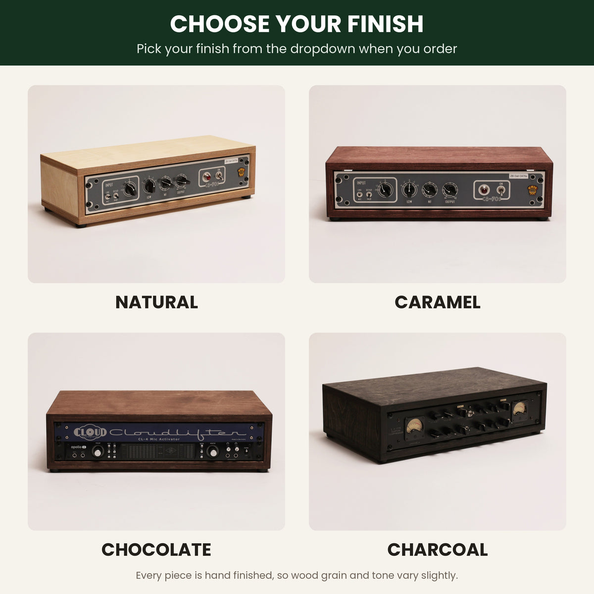 Studio rack finish options: Natural, Caramel, Chocolate and Charcoal