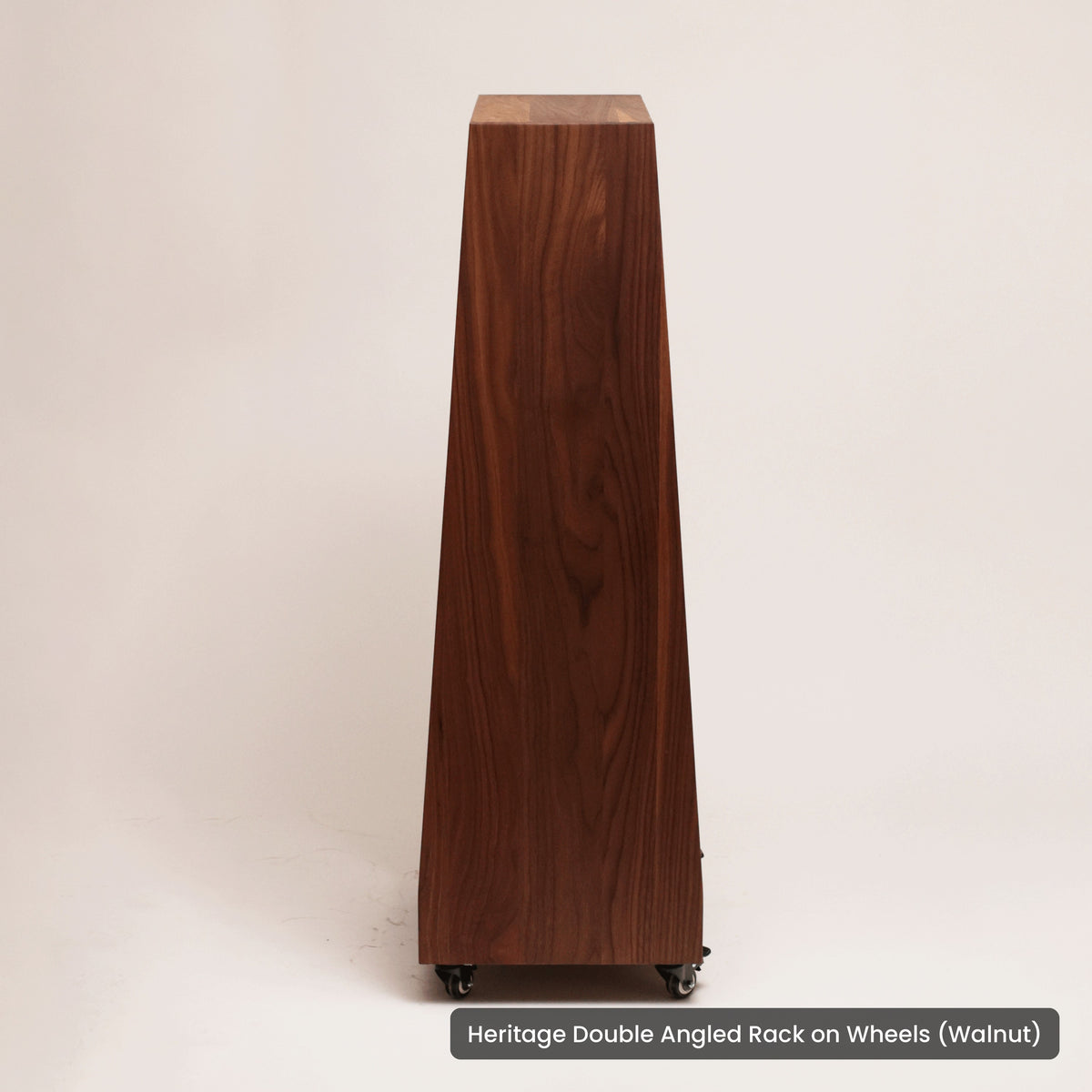 Handmade wood Heritage Double Angled Rack on Wheels (Walnut), on a white background