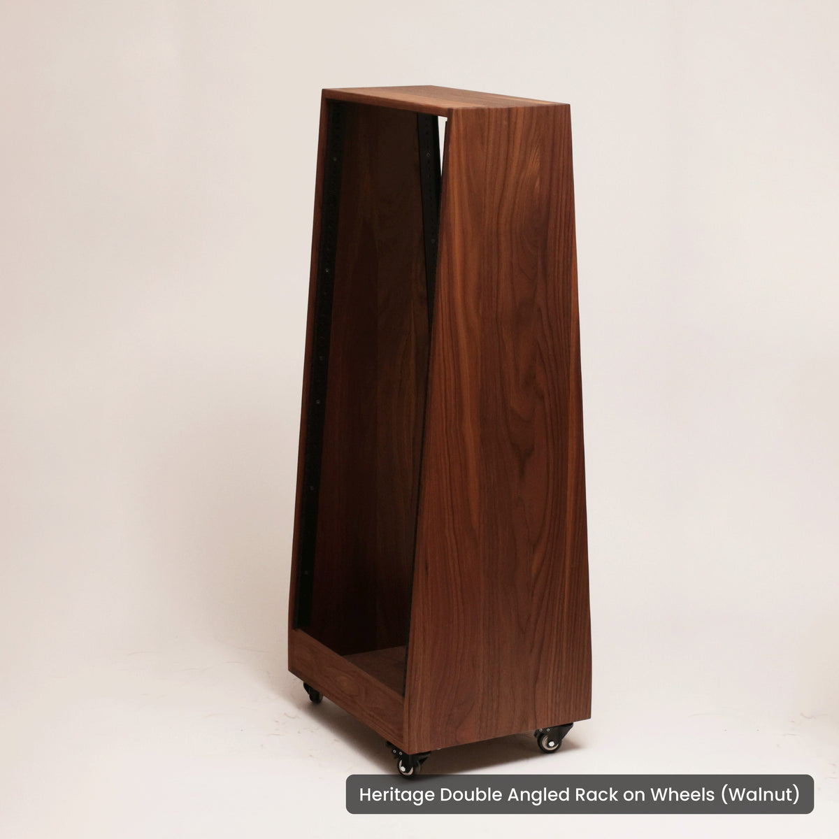 Handmade wood Heritage Double Angled Rack on Wheels (Walnut), on a white background