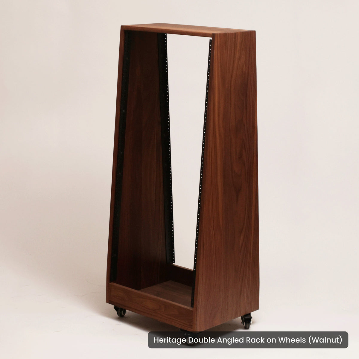 Handmade wood Heritage Double Angled Rack on Wheels (Walnut), on a white background