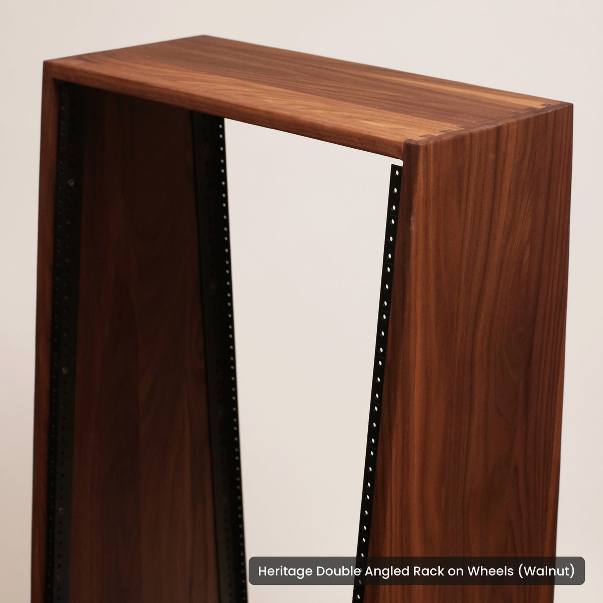Handmade wood Heritage Double Angled Rack on Wheels (Walnut), on a white background
