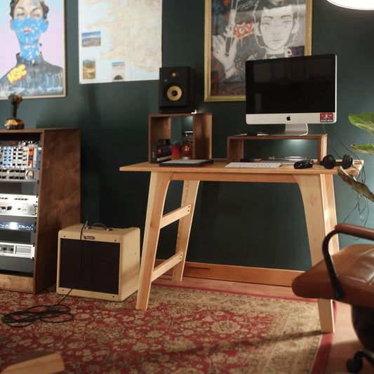 Handmade wood Monitor Risers (Chocolate), in a home studio