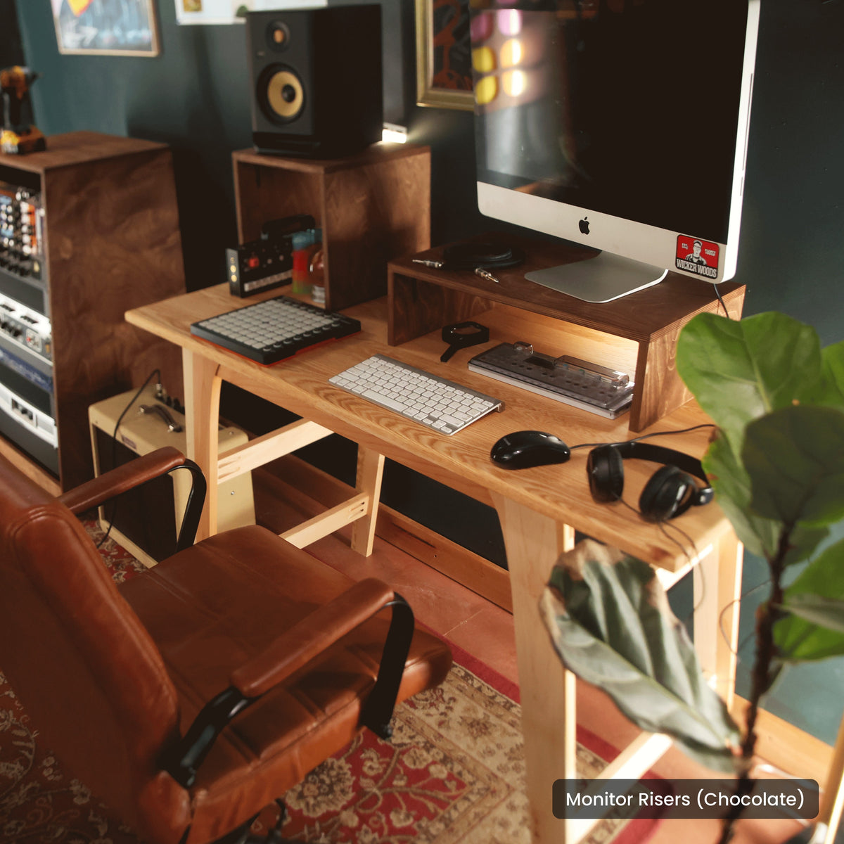 Handmade wood Monitor Risers (Chocolate), in a home studio