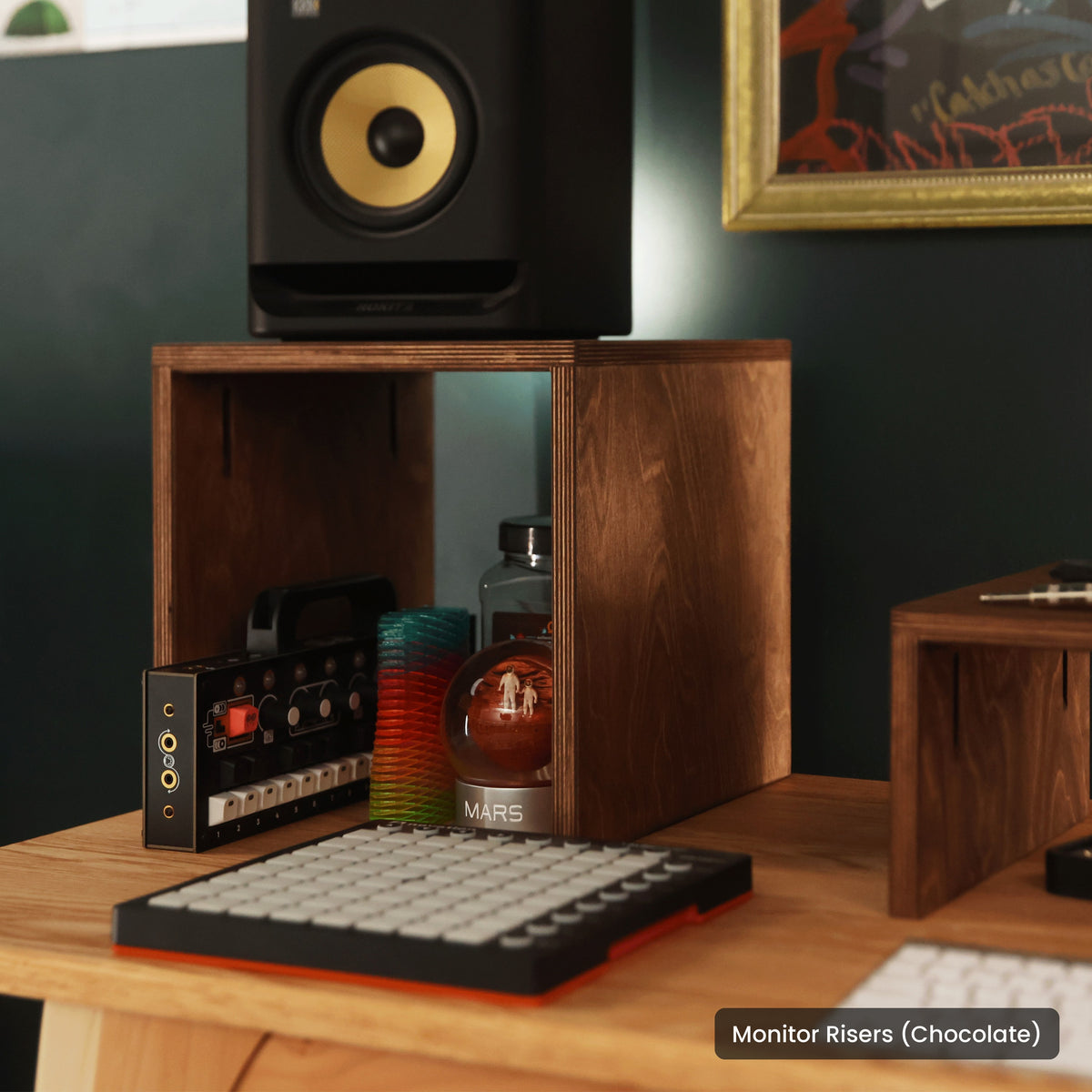 Handmade wood Monitor Risers (Chocolate), in a home studio
