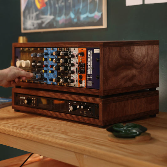 Handmade wood 1U Studio Rack (Caramel) and 3U Studio Rack (Caramel), in a home studio