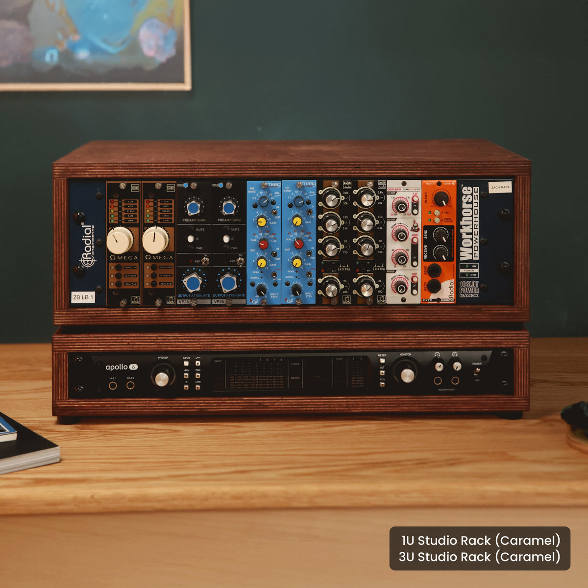 Handmade wood 1U Studio Rack (Caramel) and 3U Studio Rack (Caramel), in a home studio