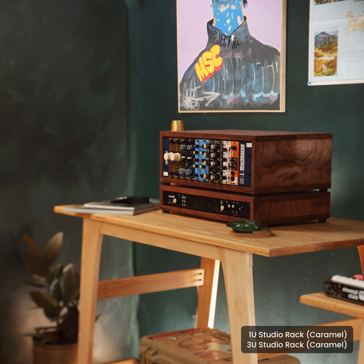 Handmade wood 1U Studio Rack (Caramel) and 3U Studio Rack (Caramel), in a home studio