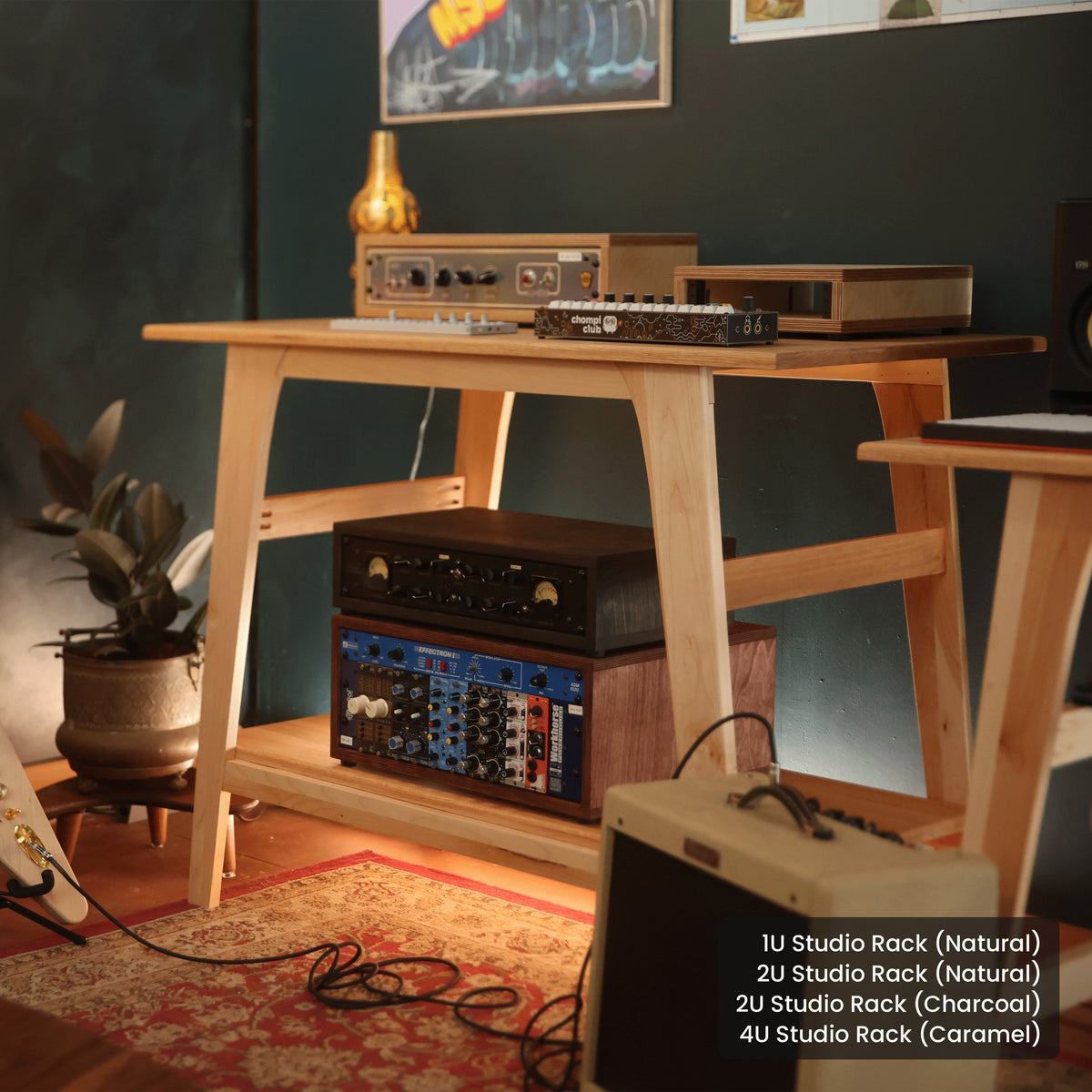 Handmade wood 1U Studio Rack (Natural) and 2U Studio Rack (Natural) and 2U Studio Rack (Charcoal) and 4U Studio Rack (Caramel), in a home studio