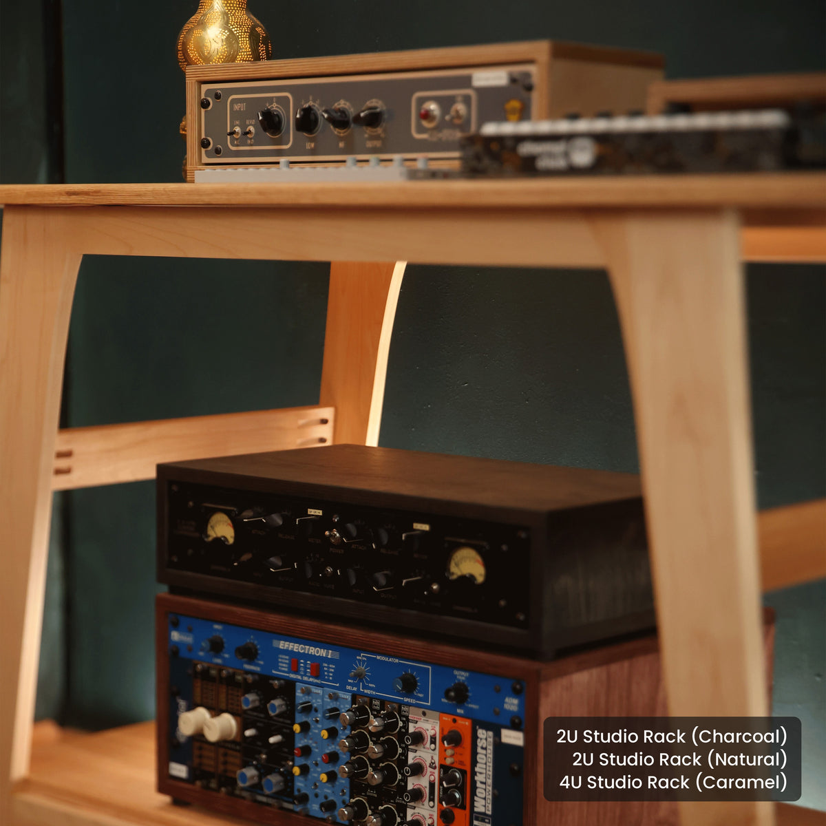 Handmade wood 2U Studio Rack (Charcoal) and 2U Studio Rack (Natural) and 4U Studio Rack (Caramel), in a home studio