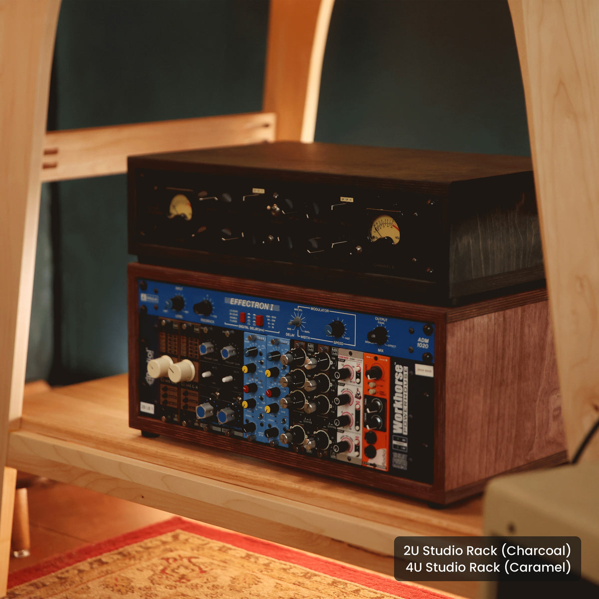 Handmade wood 2U Studio Rack (Charcoal) and 4U Studio Rack (Caramel), in a home studio