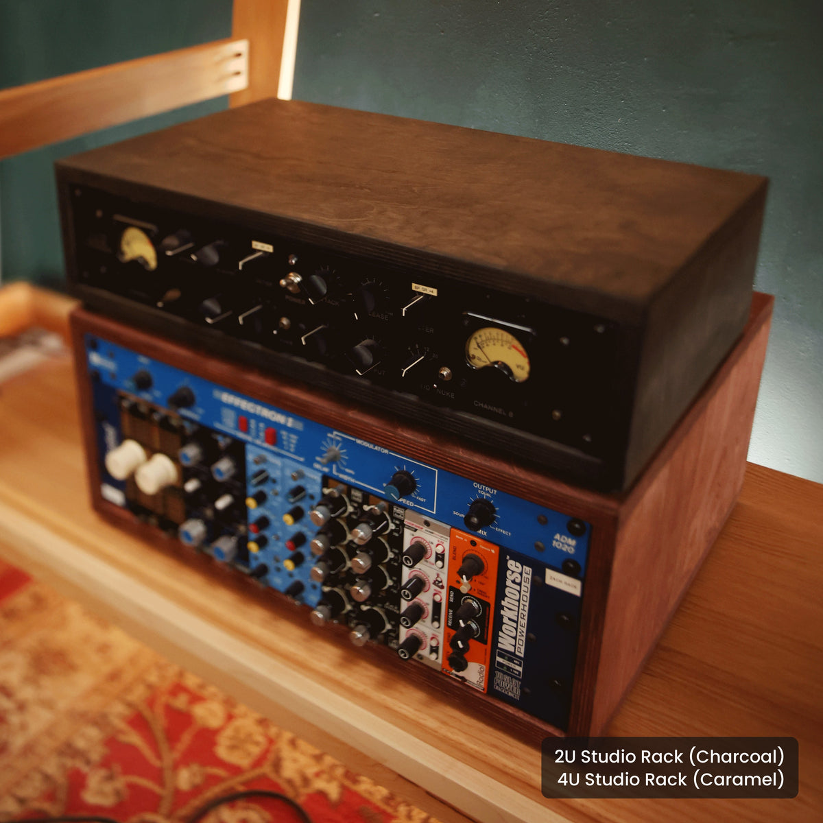Handmade wood 2U Studio Rack (Charcoal) and 4U Studio Rack (Caramel), in a home studio