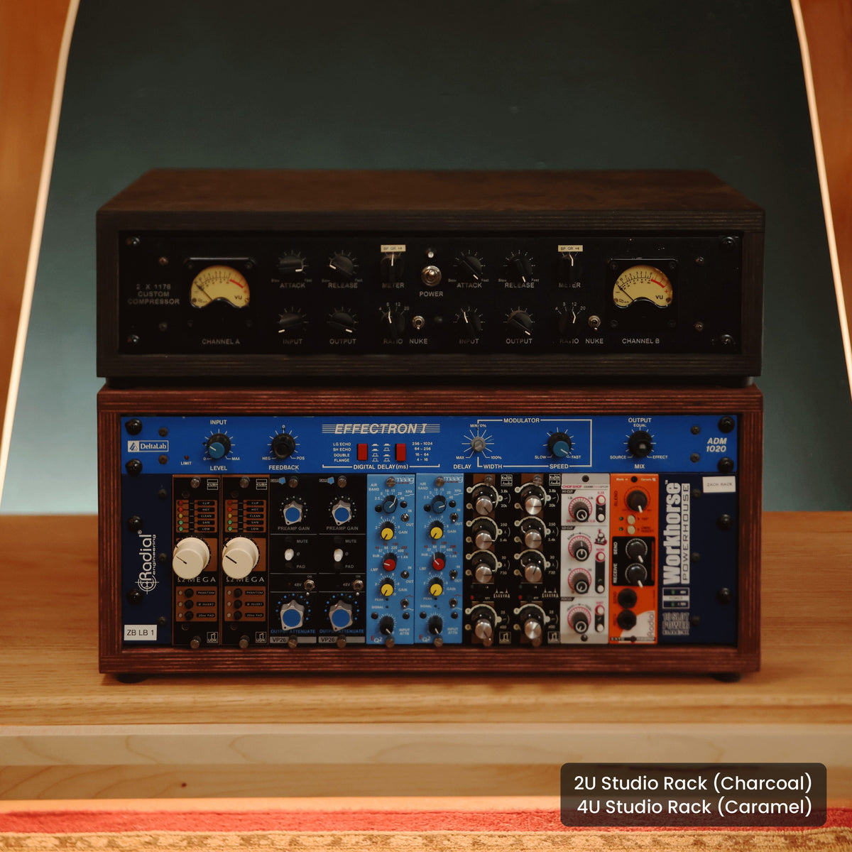 Handmade wood 2U Studio Rack (Charcoal) and 4U Studio Rack (Caramel), in a home studio