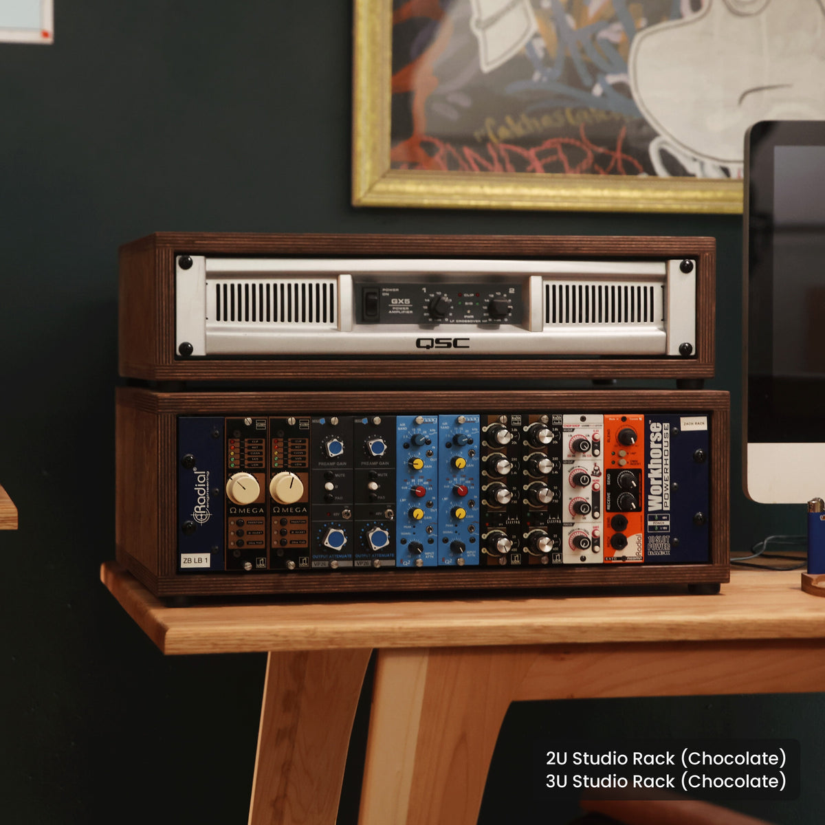 Handmade wood 2U Studio Rack (Chocolate) and 3U Studio Rack (Chocolate), in a home studio