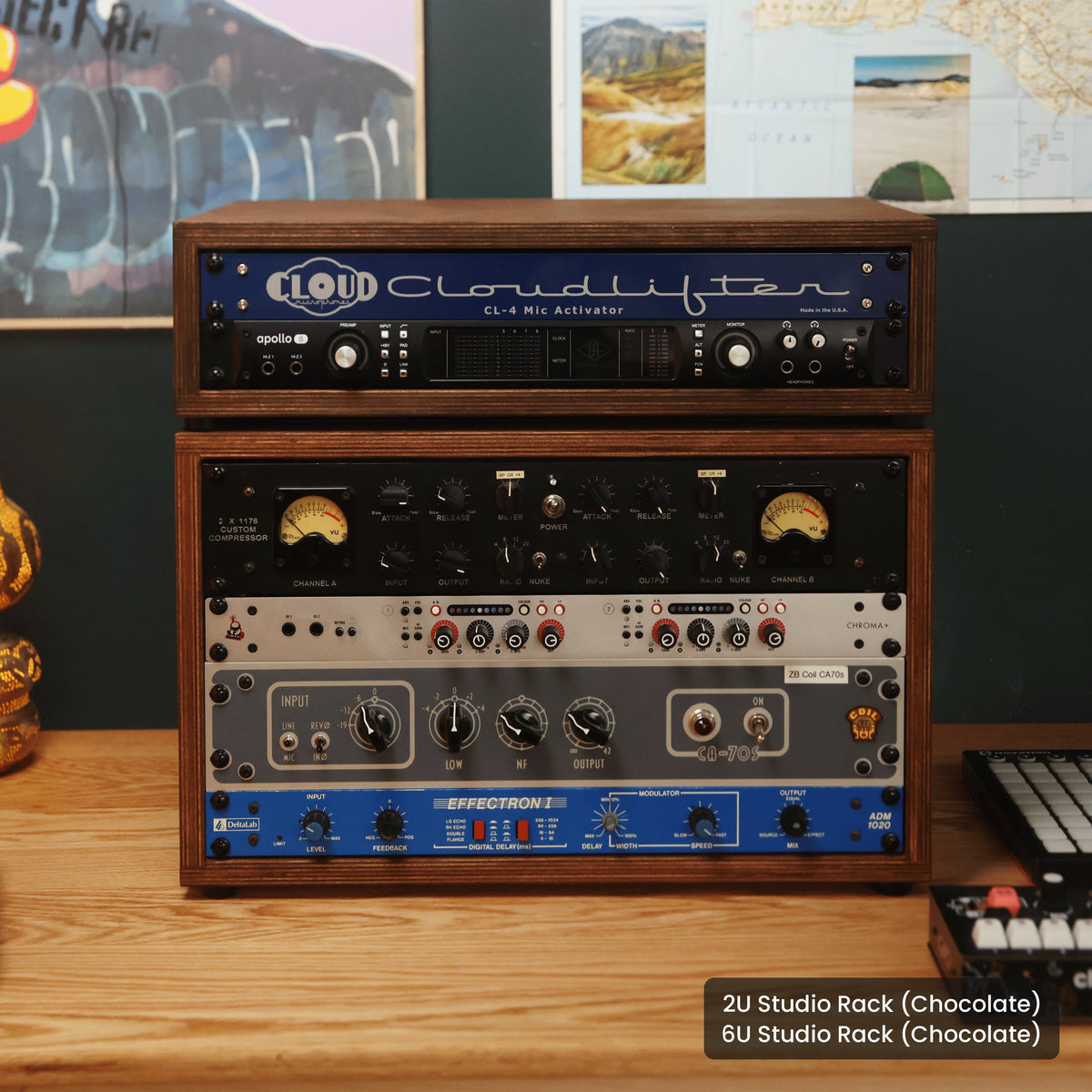 Handmade wood 2U Studio Rack (Chocolate) and 6U Studio Rack (Chocolate), in a home studio