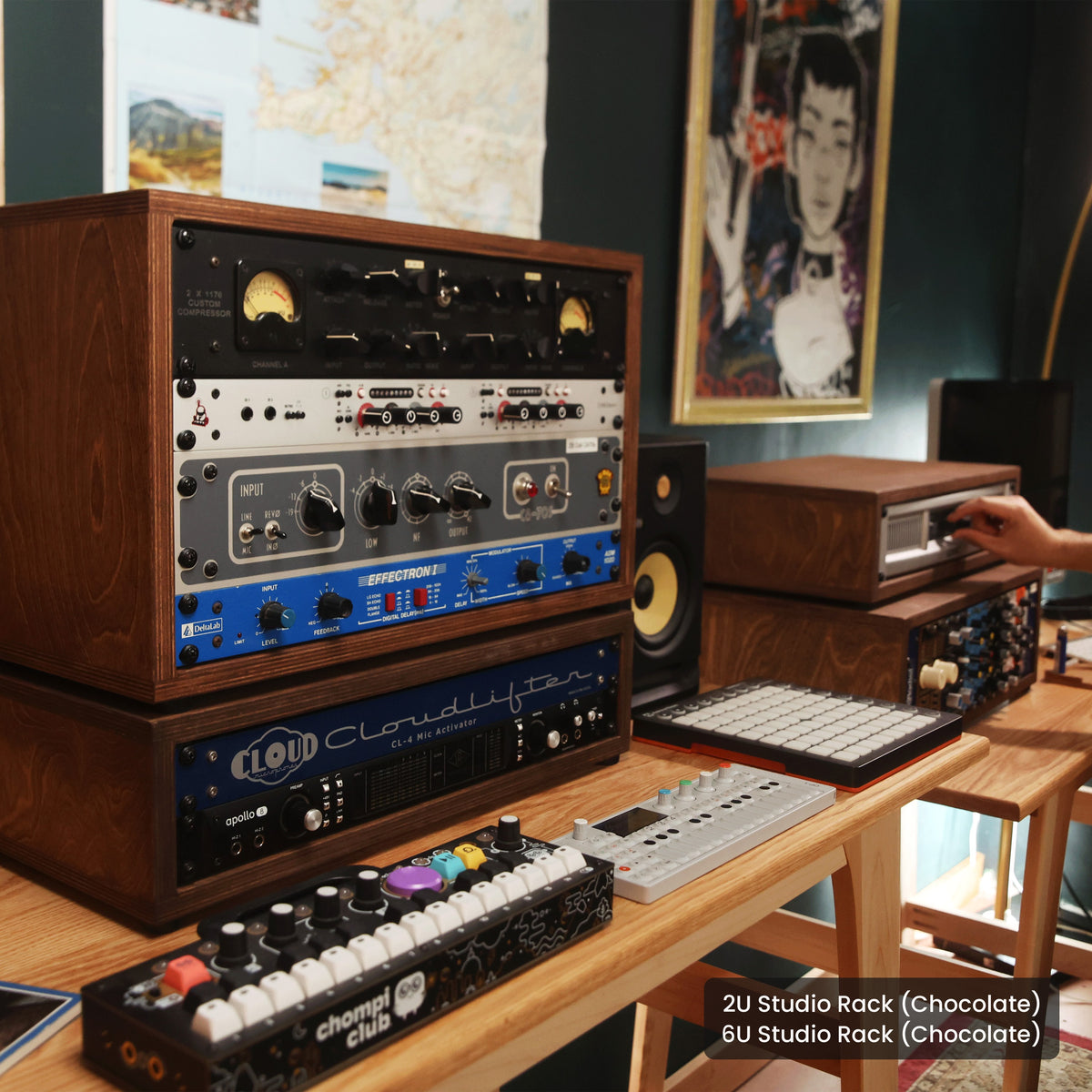 Handmade wood 2U Studio Rack (Chocolate) and 6U Studio Rack (Chocolate), in a home studio